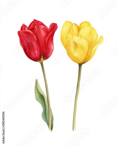 Red and yellow tulip pair watercolor illustration on white