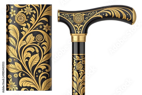 A luxurious black and gold cane with intricate floral designs on a white background
