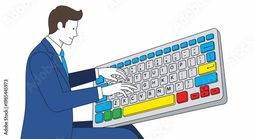Man in Suit Typing on Oversized Keyboard.