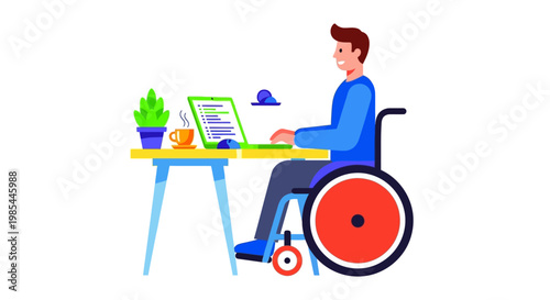 Man in wheelchair working on laptop at desk.