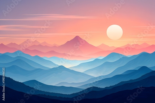 A serene mountain landscape at sunset with a vibrant sky and layered hills