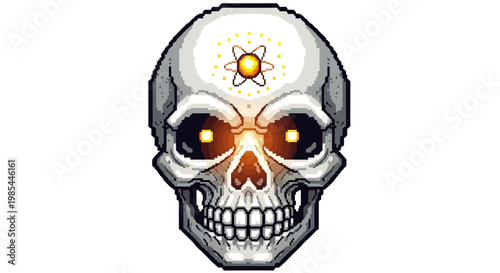 Mysterious Glowing Skull with Atomic Symbol.