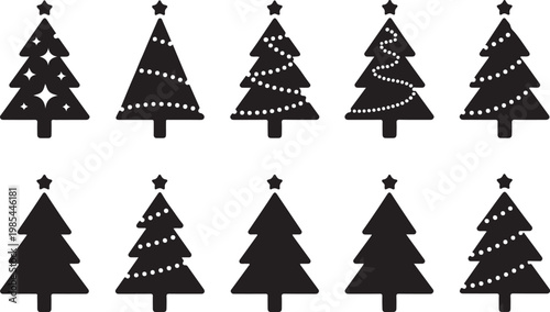 Christmas tree silhouette collection with decorative star topper and festive light patterns for winter holiday seasonal greetings.