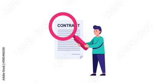 Man Examining Contract Document with Magnifying Glass.
