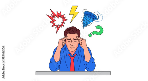 Man experiencing mental overload and stress with symbols of chaos.