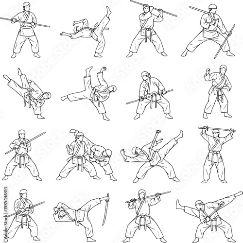 Set of 15 martial arts karate poses in dynamic action line art illustration for training and fitness