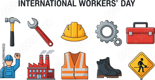 International Workers Day celebration with various symbols of labor and industry