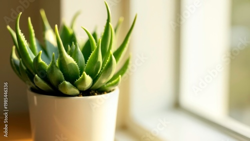 Green Aloe Succulent in White Pot by Window