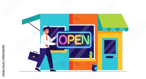 Man hanging open sign on shop door.