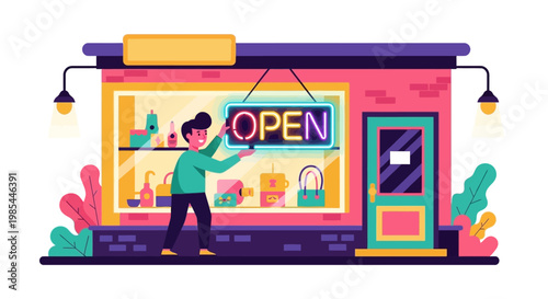 Man hanging open sign in front of store.