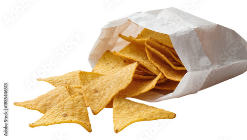 Orange Tortilla Chips Overflowing from White Paper Bag