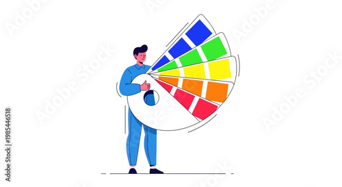Man holding a large color palette fan.