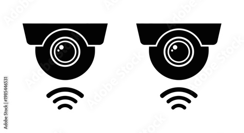 Security camera surveillance system icons showing wireless signal connectivity for modern home and business monitoring solutions in flat vector style