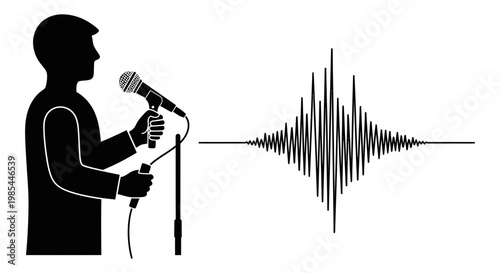 Podcaster speaking into microphone with audio sound wave visualization for media production and broadcasting concepts in black and white vector style