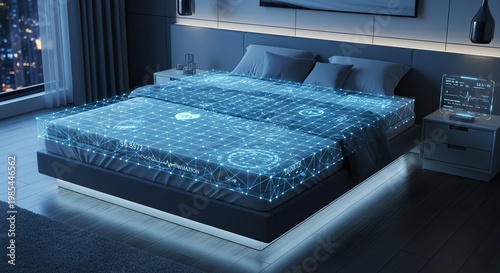 Modern bedroom with illuminated bed and contemporary decor design.