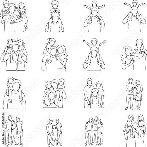 diverse family poses set line art illustration for parenting and genealogy concepts