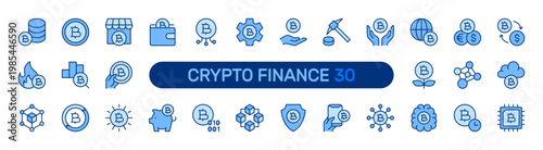 Crypto Finance solid icon set. Cryptocurrency, Financial Technology, Fintech, Digital Payment, Bitcoin concept. Blue vector icons collection.