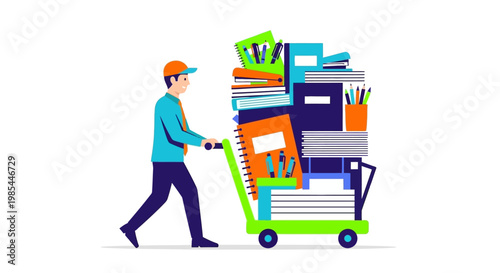 Man Pushing Cart Full of Books and School Supplies.