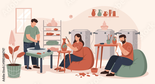 People engaged in pottery making and crafting.