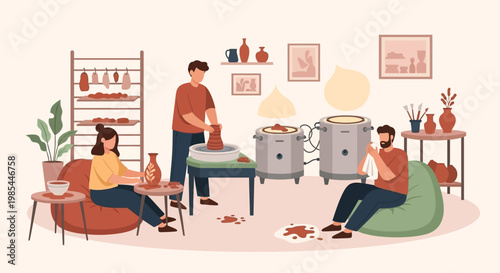 People engaged in pottery making and crafting.