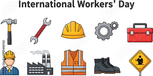 International Workers' Day celebration with construction tools, safety gear, and industrial elements