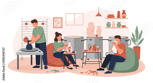 People engaged in pottery making class creating art.