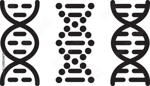 Dna helix icon set featuring genetic sequence structures in black linear style on transparent background for science research.