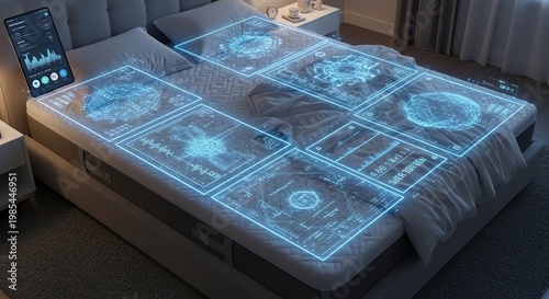 Futuristic Bed with Interactive Holographic Display and Digital Interface.