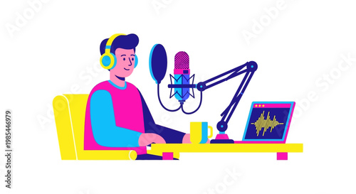 Man recording podcast with professional microphone and headphones.