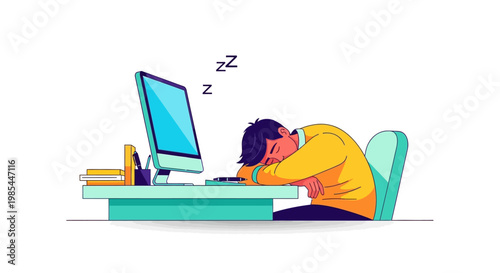 Man sleeping at desk in front of computer screen.