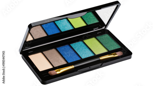 Quadro su tela Black open eyeshadow palette with blue green yellow cosmetic brushes