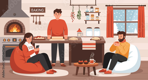 People enjoying cozy winter baking in a warm kitchen.
