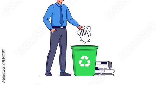 Man throwing away documents into recycling bin.