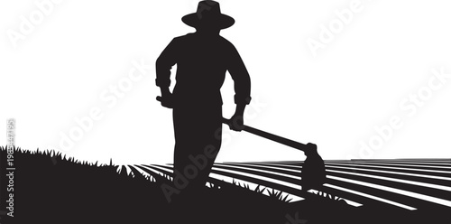 Farm worker silhouette, plowing field, agriculture icon, rural labor