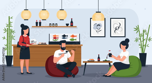 People enjoying food and drinks in a modern cafe setting.