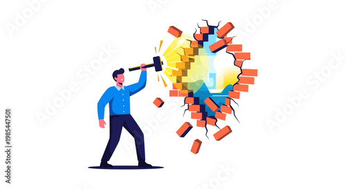 Man with sledgehammer breaking through brick wall symbolizing success.