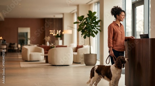 African American woman with her dog checking into a luxury hotel lobby reception.