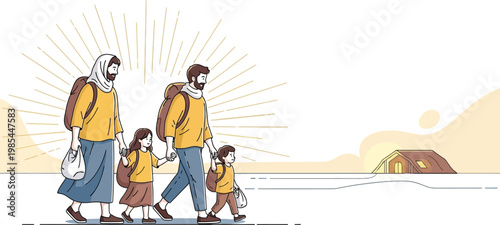 Parents holding hands with their two young children while walking together toward a small home during a peaceful sunny day