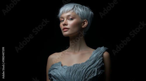 A woman in an asymmetrical textured dress poses gracefully in a dark studio setting. Image conveys softness, movement, and artistic fashion expression.