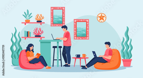People working and reading in a cozy home office.