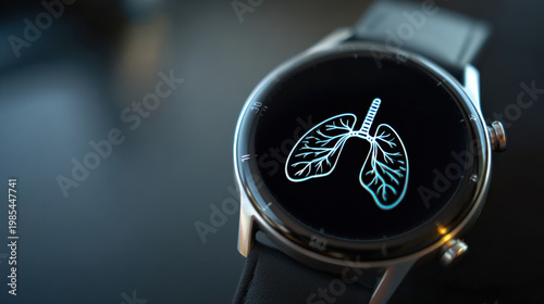 A close-up shot of a smartwatch displaying a detailed anatomical illustration of a lung