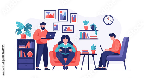 People working and reading in a cozy home office environment.