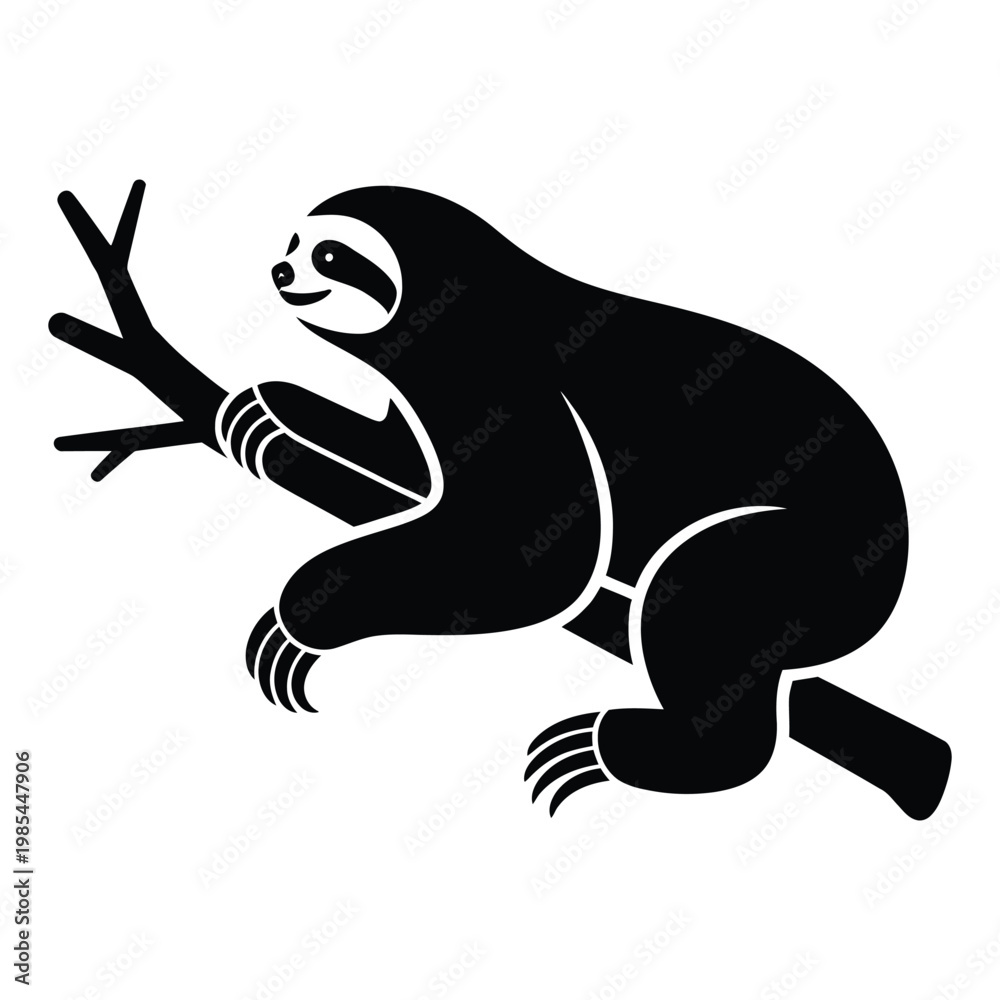 Fototapeta premium Sloth Hanging from a Tree Branch Vector, Silhouette, Illustration