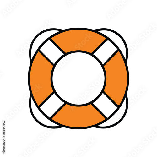 Vector illustration of an orange and white lifebuoy ring with rope. Flat cartoon style for safety, rescue, beach, sea, lifeguard, and emergency themes.
