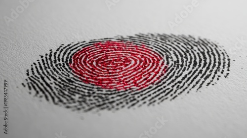 A close-up of a detailed fingerprint impression, showcasing intricate patterns and forensic details. The vibrant red color highlights the unique swirls and ridges.