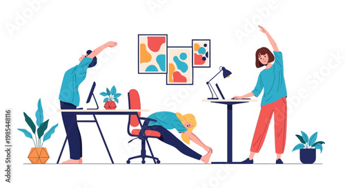 Office workers stretching and exercising at their desks.