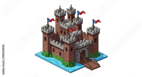 Medieval Castle Fortress Isometric View with Flags and Moat.