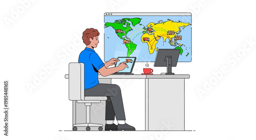 Man Working on Laptop with World Map Background.