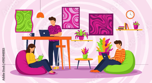 People working and relaxing in a modern home office.