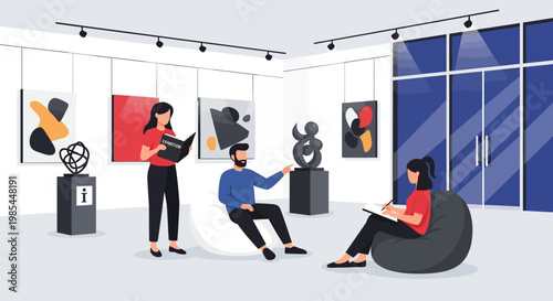 People enjoying modern art exhibition in a gallery.